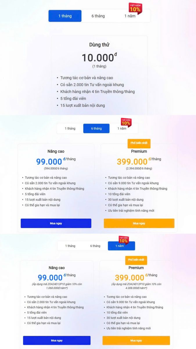 bảng giá gia hạn dịch vụ xác thực Zalo OA