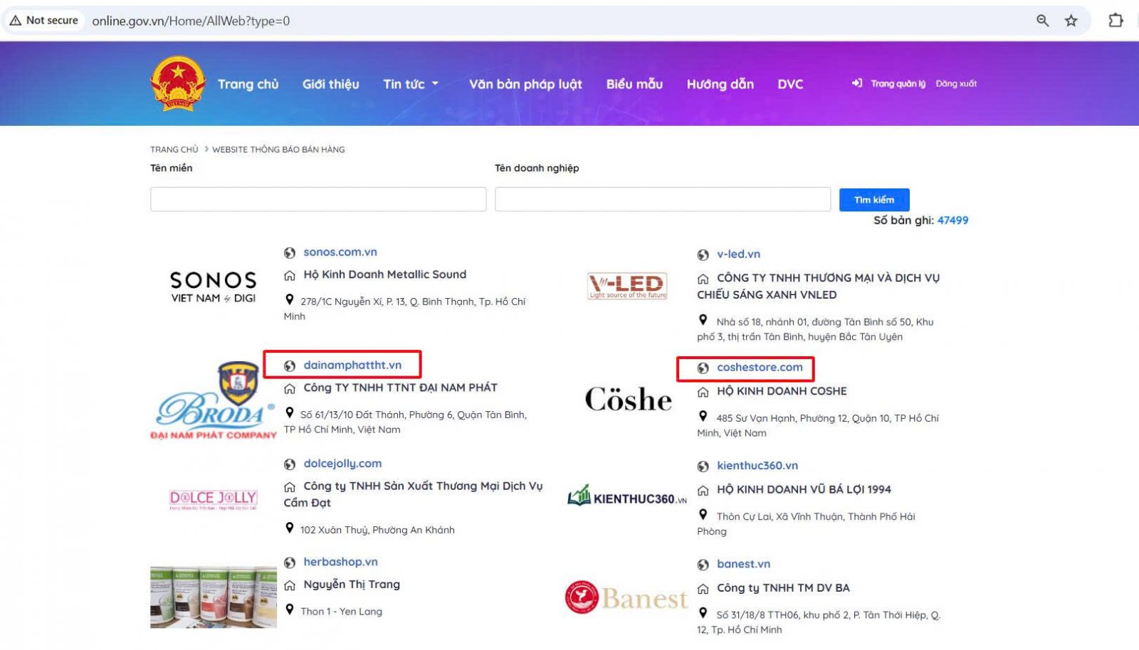 Thông báo Website với Bộ Công Thương