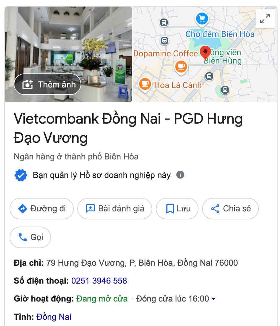 Dịch vụ quảng cáo và chăm sóc Google Maps Vietcombank Đồng Nai