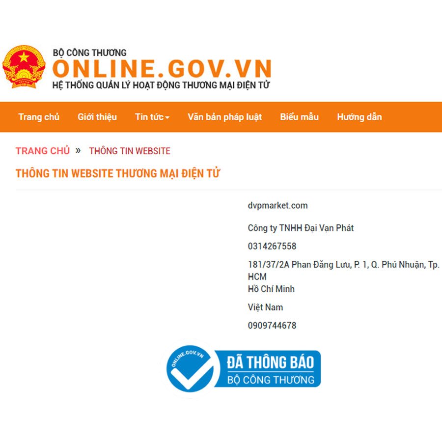 thông báo website với bộ công thương