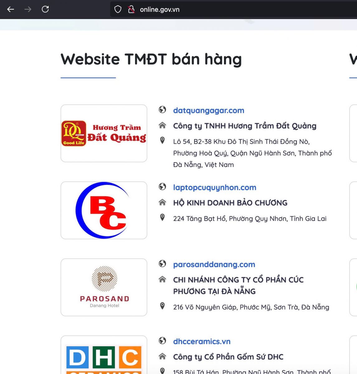 Thông báo website với Bộ Công Thương