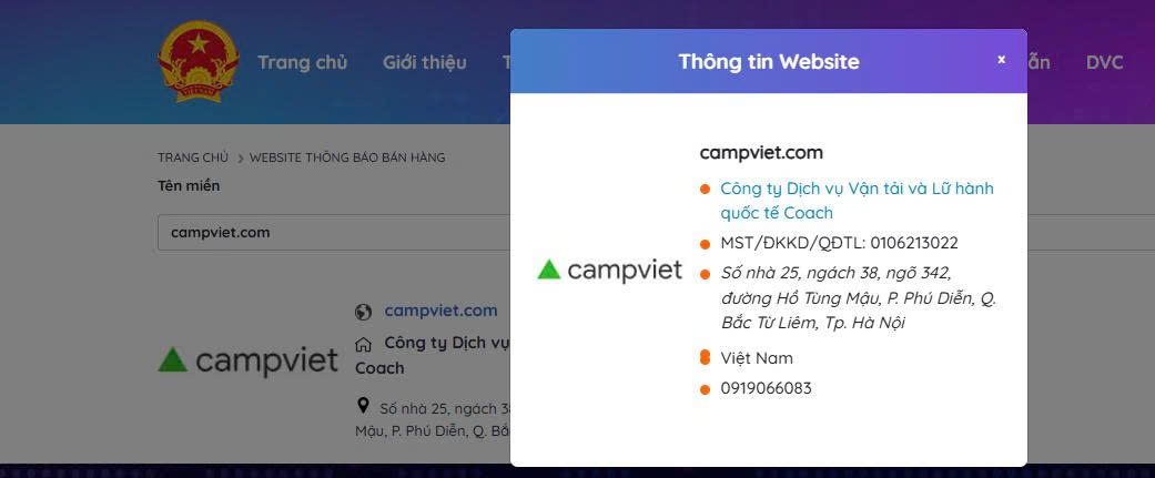 Thông báo website đặt tour du lịch Bộ Công Thương